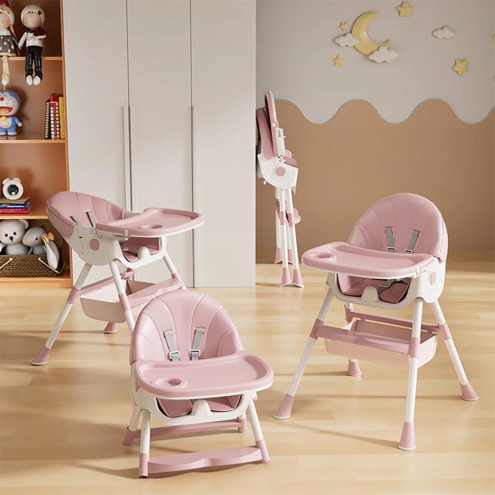 Pink and white high chairs in a room with a bookshelf and decorative wall.