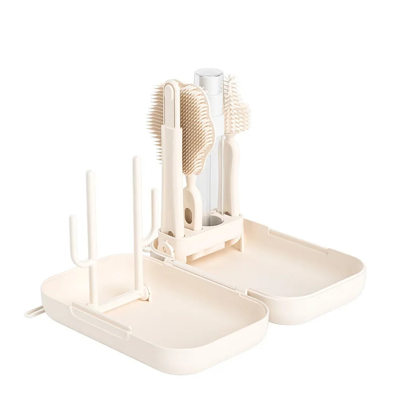 Beige grooming tool with bristles on a white background