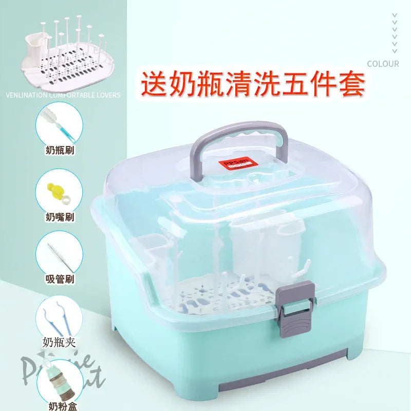 Baby bottle cleaning set with storage box on a light green background