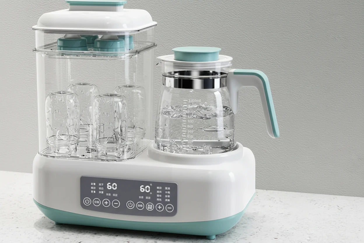 White and blue electric multi-cooker with digital display on a gray background