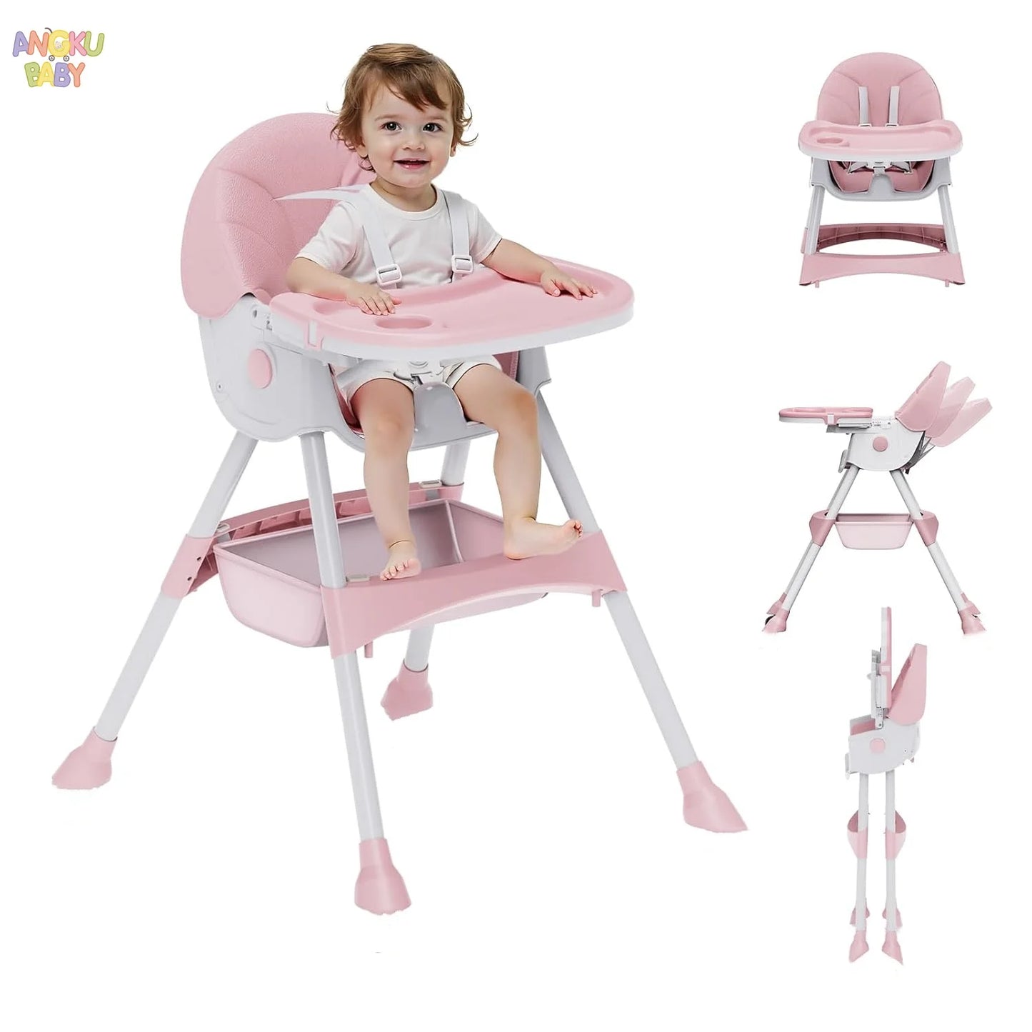 Pink high chair with a child sitting in it, shown from multiple angles on a white background.