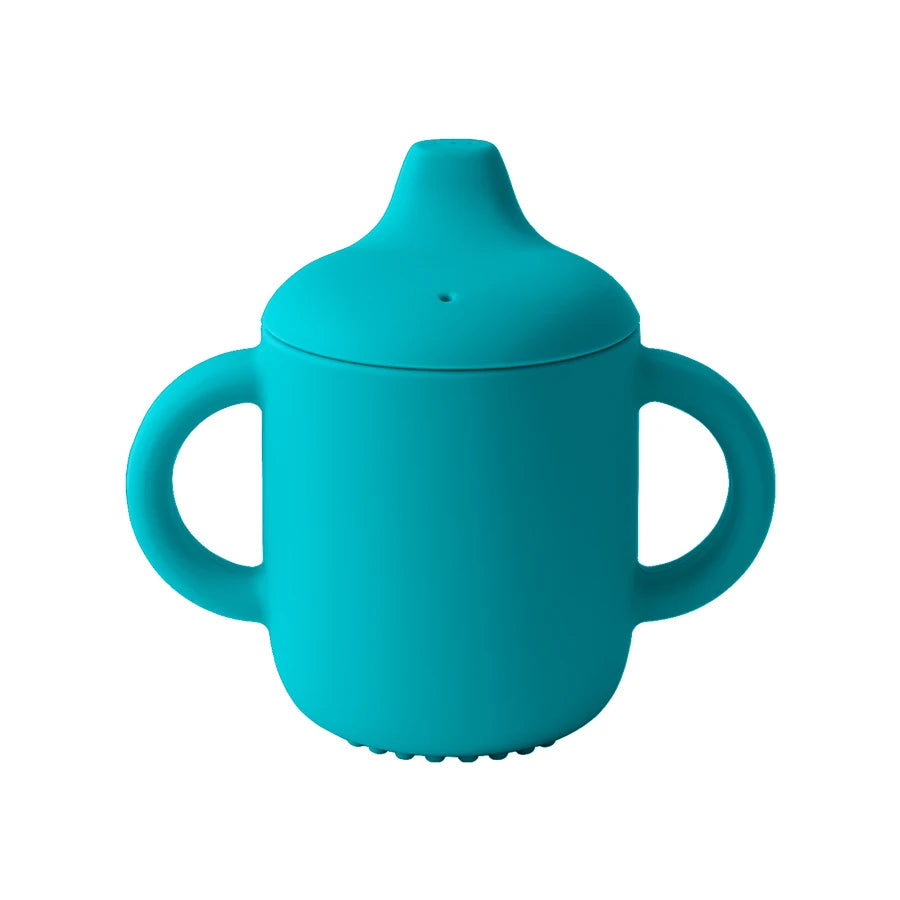 Turquoise sippy cup with handles on a white background