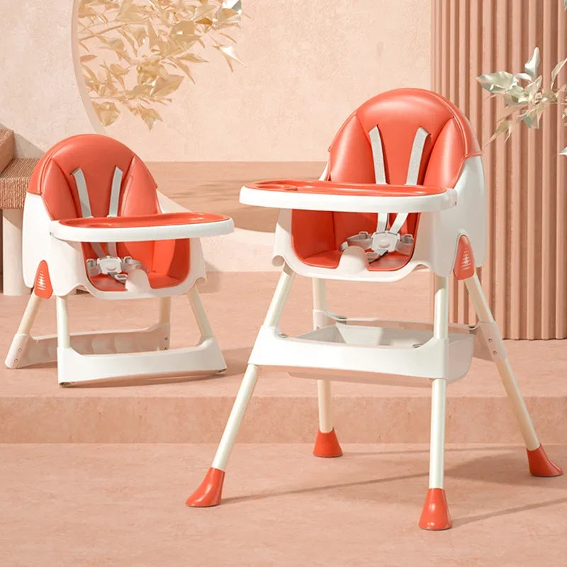 Red and white high chairs on a pink floor with decorative elements.