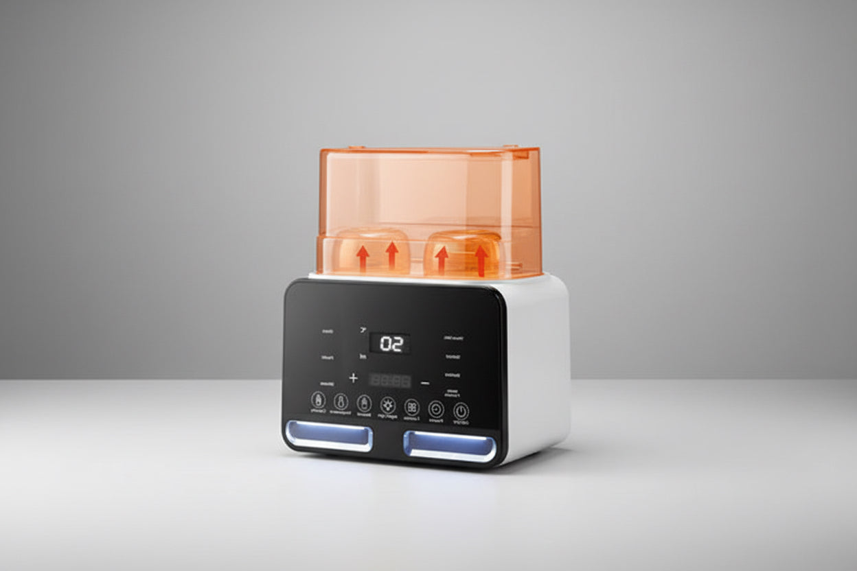 Baby bottle sterilizer with digital display and 360-degree design,