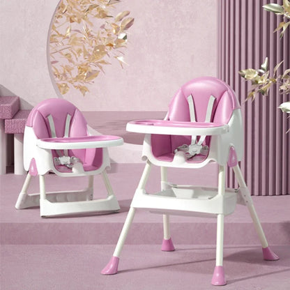 Pink and white high chairs on a pink floor with decorative elements.