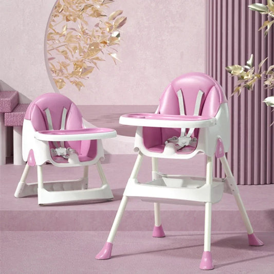Pink and white high chairs on a pink floor with decorative elements.