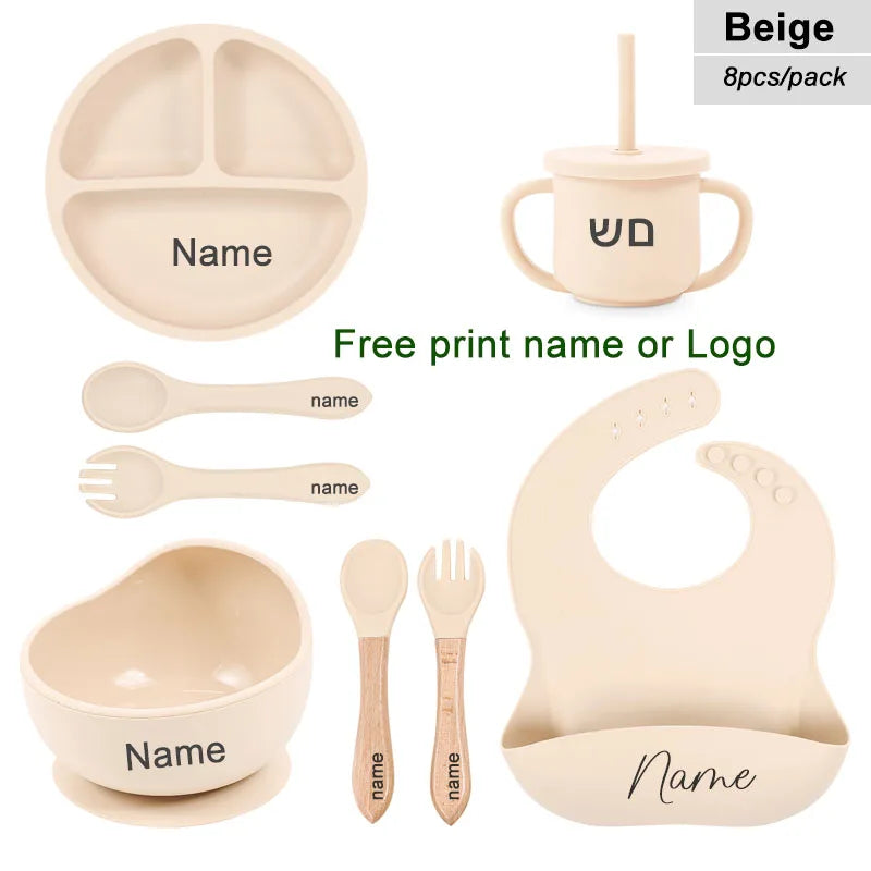 Beige baby dining set with name printing options on a white background