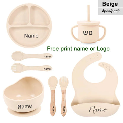 Beige baby dining set with name printing options on a white background