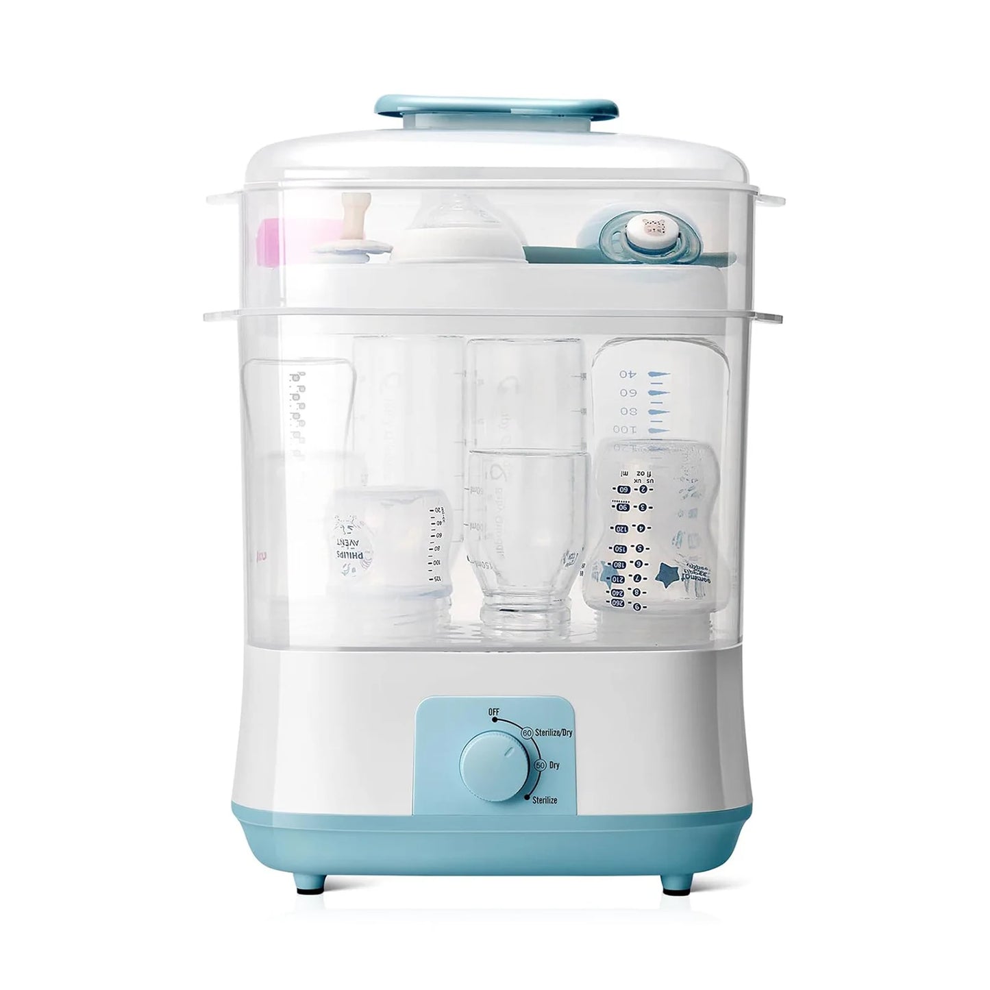 Baby bottle sterilizer with various bottles inside on a white background