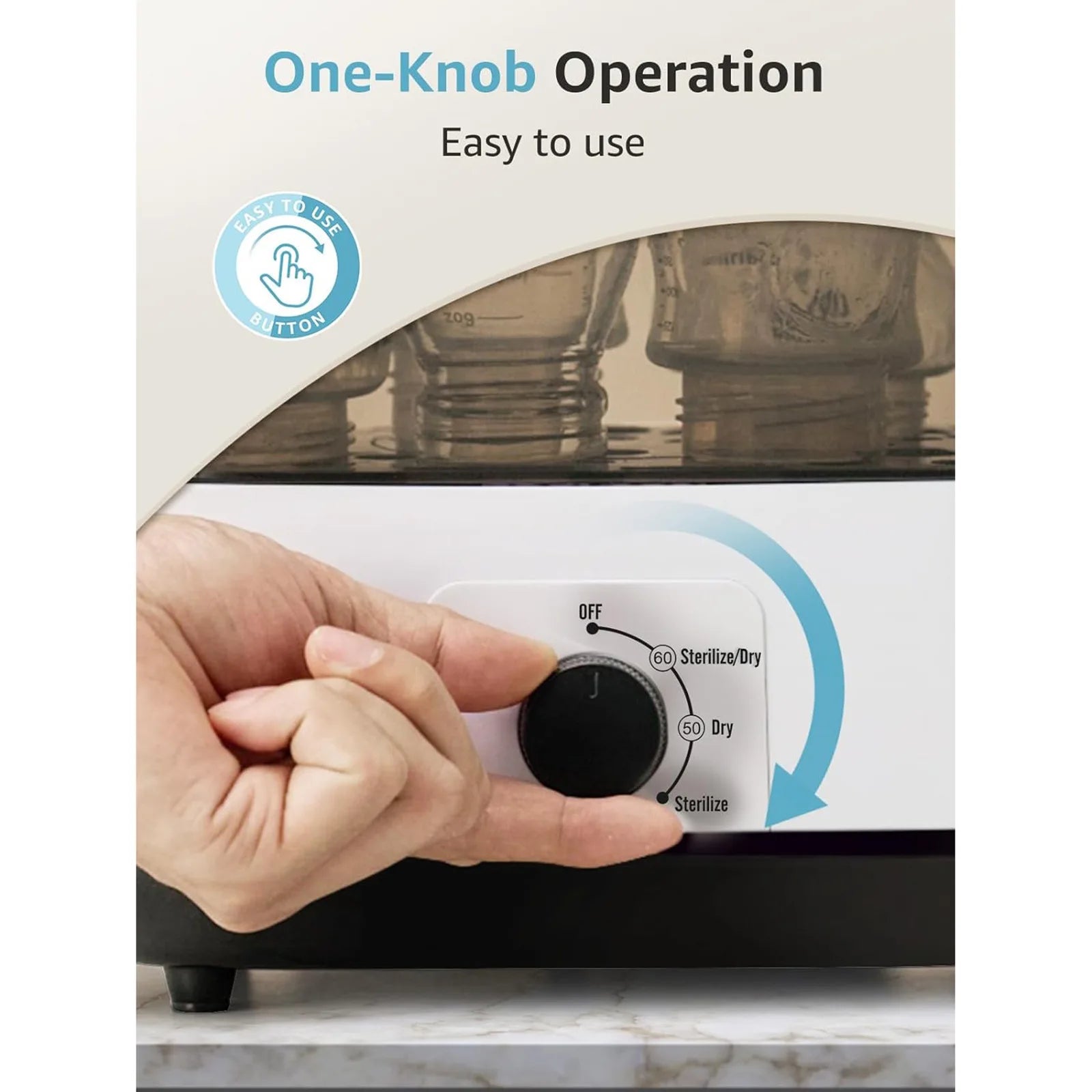 Hand turning a knob on an appliance with text 'One-Knob Operation' and 'Easy to use'.