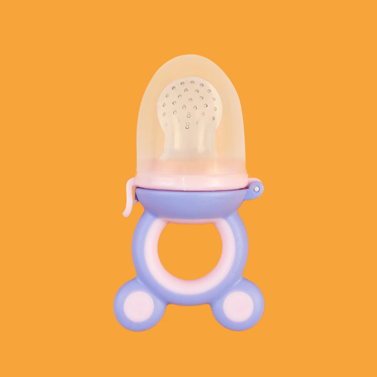 Baby pacifier with a clear silicone teat on an orange background