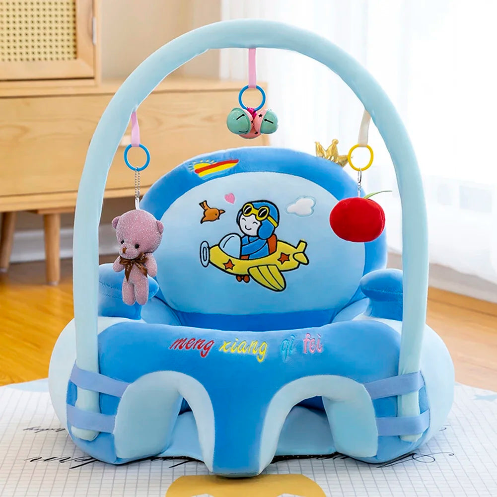 Blue baby activity center with cartoon character and hanging toys on a wooden floor.