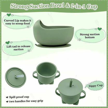 Green suction bowl and cup set with features highlighted on a white background