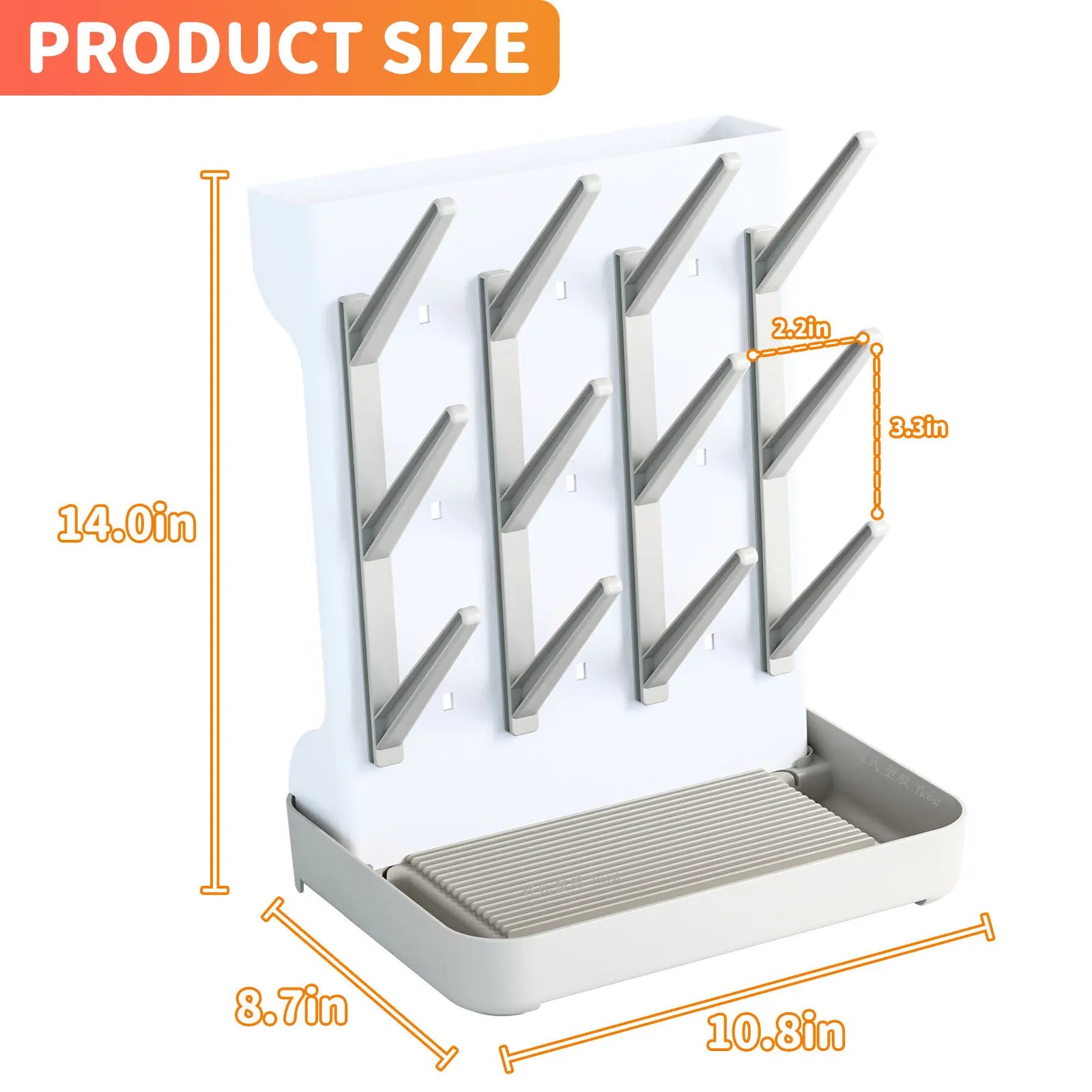 White and gray pet feeder with measurements on a white background