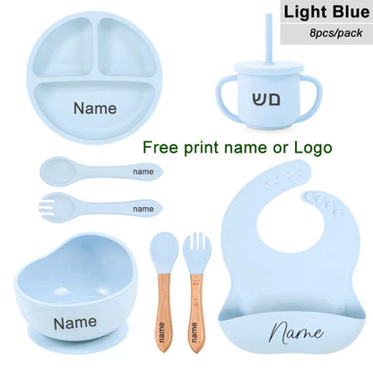Light blue baby dining set with name printing option on a white background