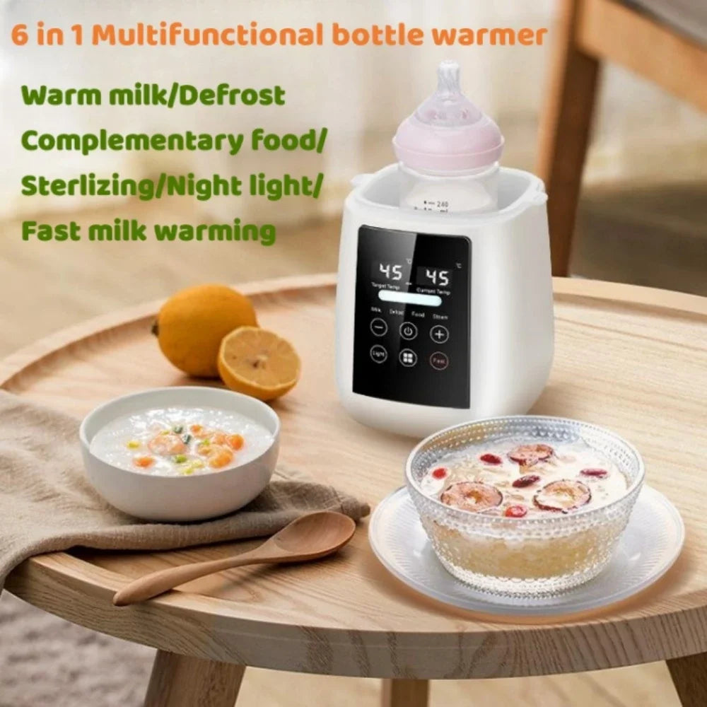 Multifunctional bottle warmer with bowls of food on a wooden table