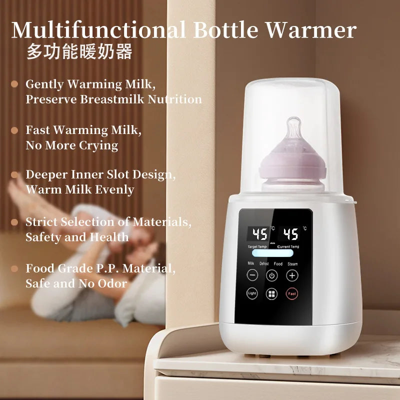 Multifunctional bottle warmer with digital display on a wooden surface, baby in background.