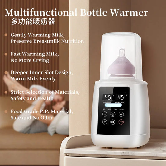 Multifunctional bottle warmer with digital display on a wooden surface, baby in background.