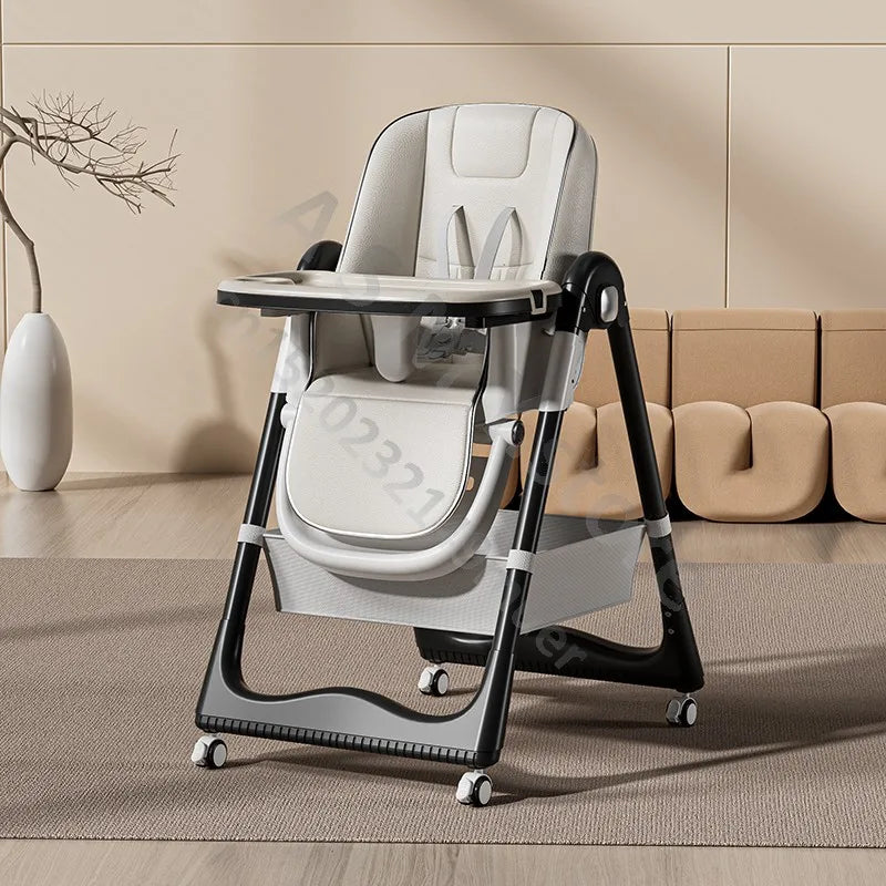Modern high chair with a tray in a living room setting