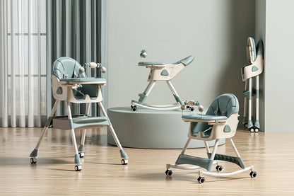 Multi-functional baby chair with various features on a wooden floor.