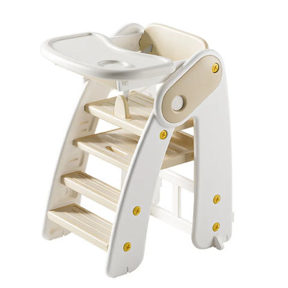 Children's wooden climbing toy with white and beige design on a white background