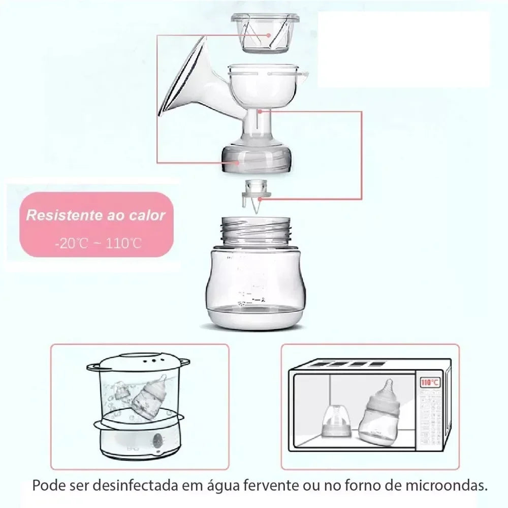 Glass baby bottle with heating and sterilization features on a light blue background