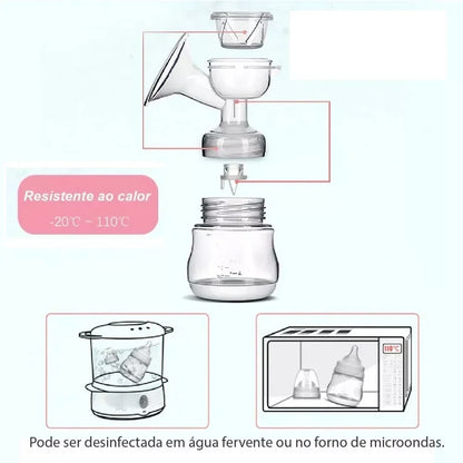 Glass baby bottle with heating and sterilization features on a light blue background