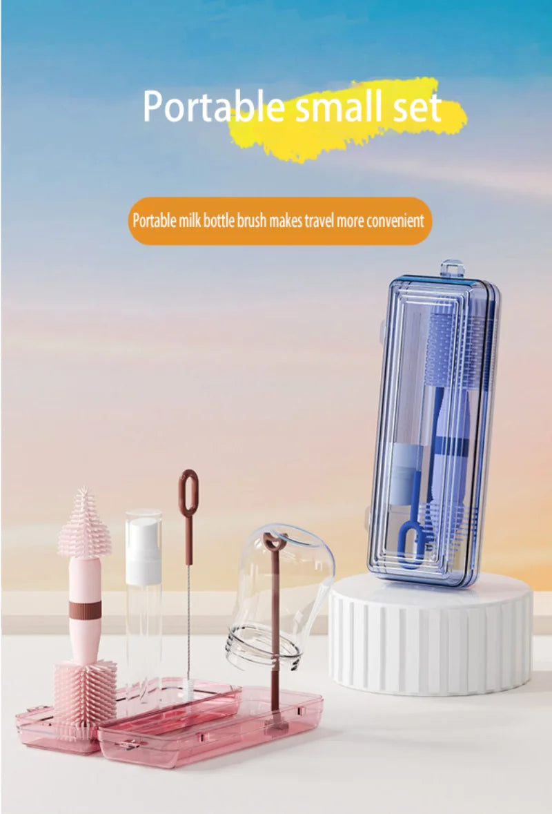 Travel Baby Bottle Cleaning Set - Portable Brush Kit with Storage & Drip Rack