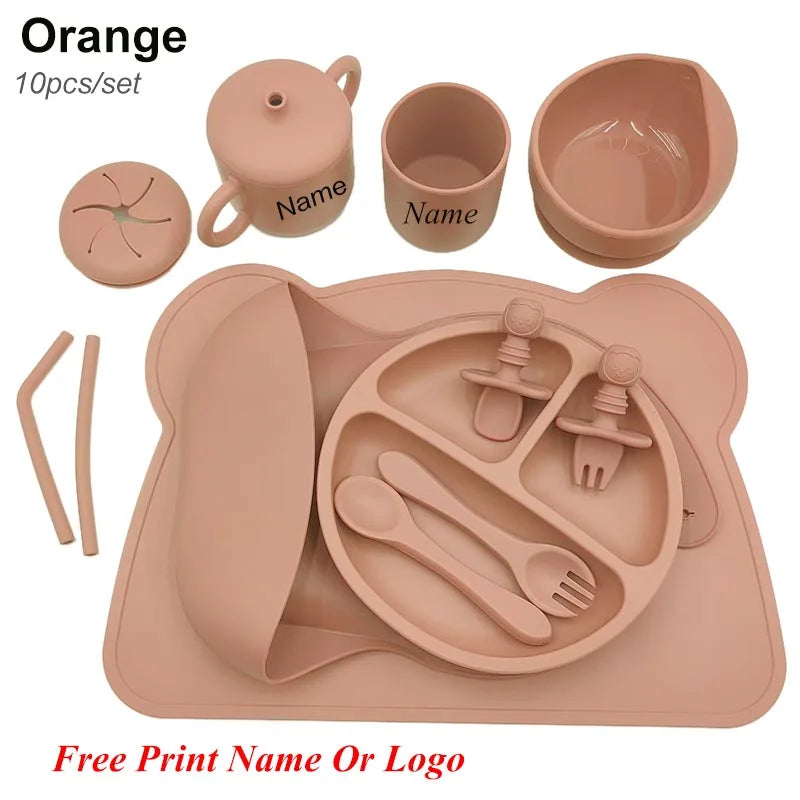 Silicone Baby Feeding Set 10Pcs Children Tableware Set Personalized Name Plates Bowls Placemats Spoon Fork For Kids Newborn Gift