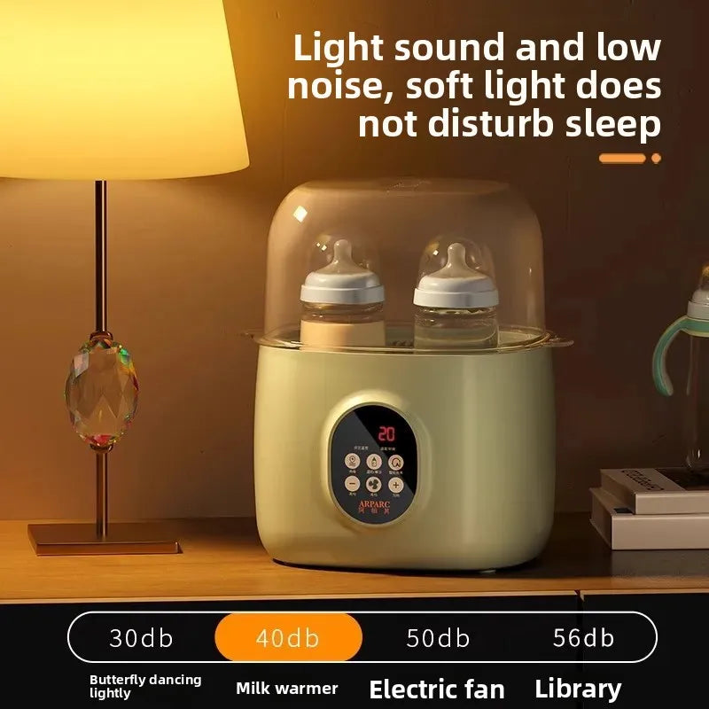 Baby bottle warmer on a shelf with text about sound levels and sleep disturbance.