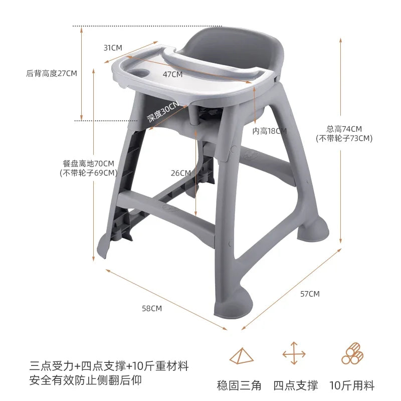 Gray baby high chair with measurements on a white background
