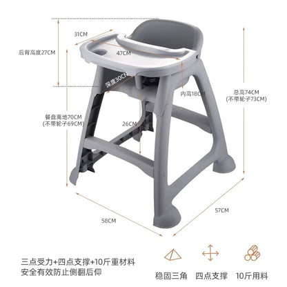 Gray baby high chair with measurements on a white background