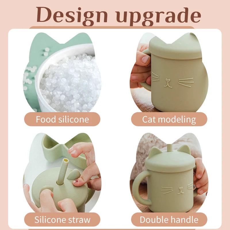 Cat-shaped mug with food silicone, cat modeling, silicone straw, and double handle features.