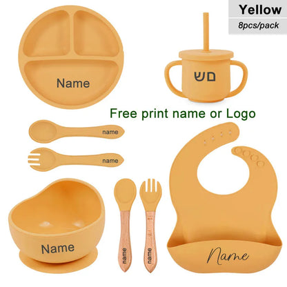 Yellow baby吃饭 set with name printing option on a white background
