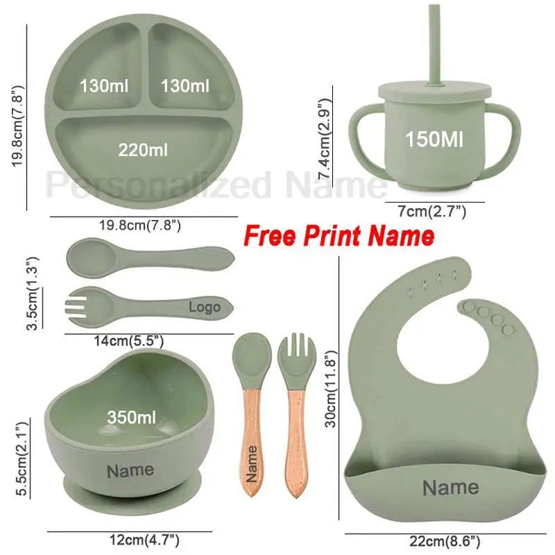 Set of green baby feeding utensils with measurements and free print name option.