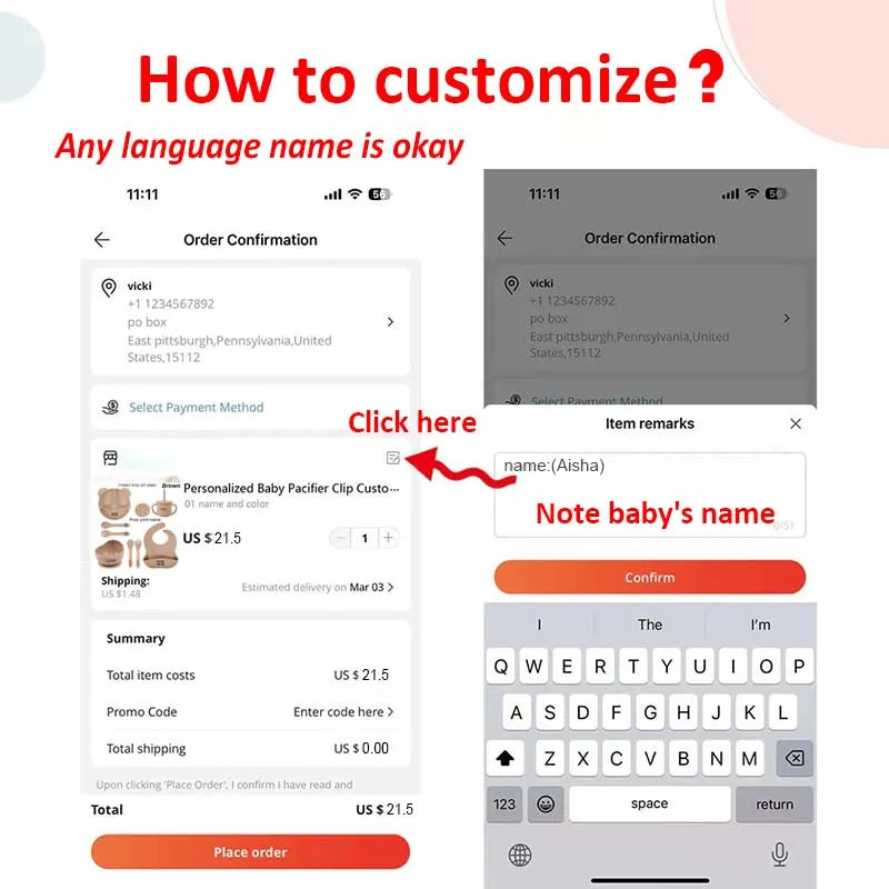 Order confirmation screen with customization options for a personalized baby pacifier clip.