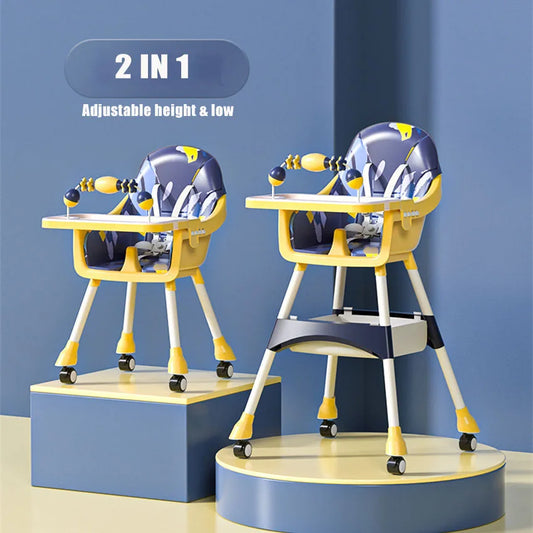 2-in-1 adjustable height baby high chair with blue and yellow design on a blue background
