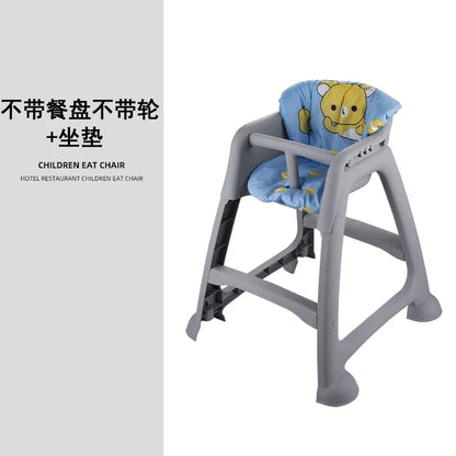 Children's high chair with a blue cushion featuring a cartoon character on a white background.