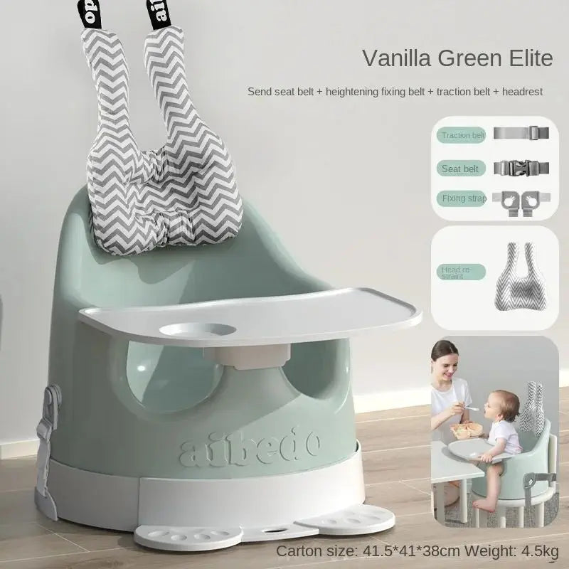 Baby high chair with accessories and a woman with a child in a separate frame.