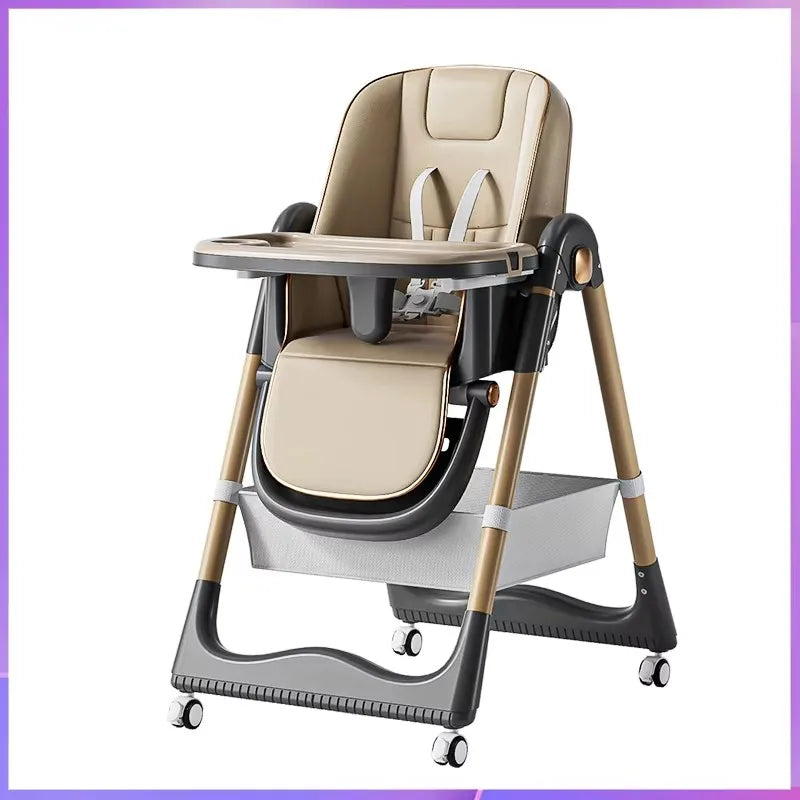 Beige and gray high chair with tray on a white background
