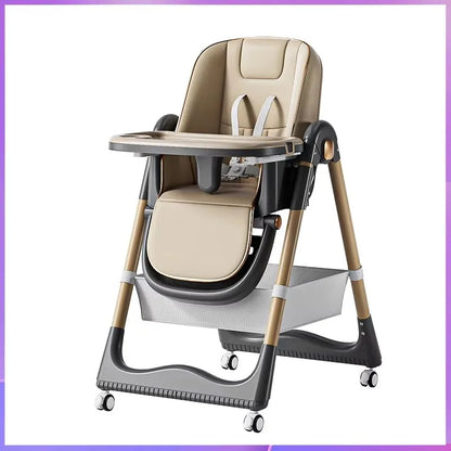 Beige and gray high chair with tray on a white background