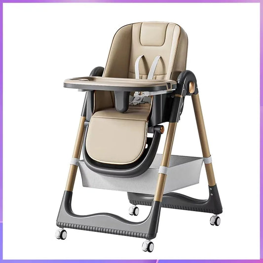 Beige and gray high chair with tray on a white background