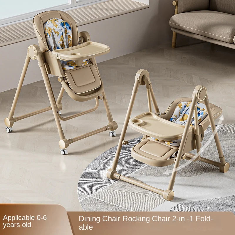 Foldable dining and rocking chair for children on a floor with a neutral background