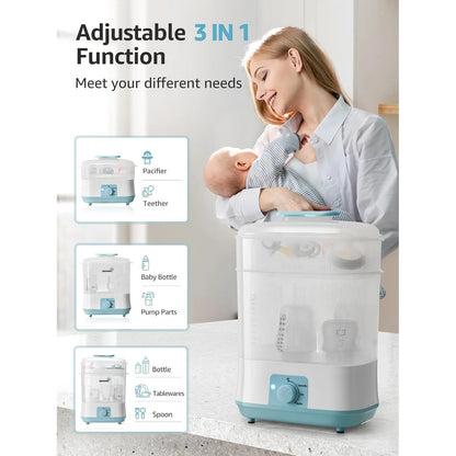 Woman holding a baby with a sterilizer and icons indicating its functions on a white background