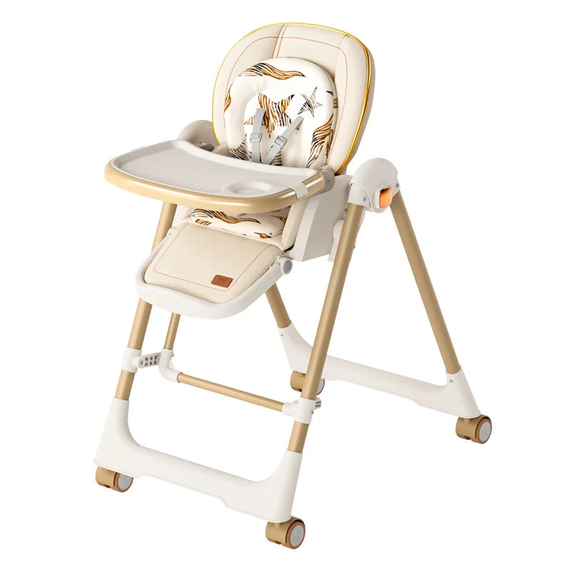 Beige and white baby high chair with wheels on a white background