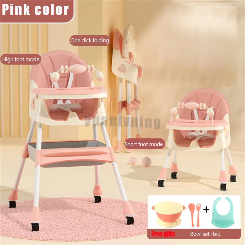 Pink baby high chair with adjustable footrest on a beige background