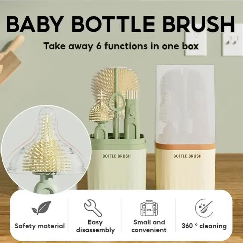 Baby bottle brush set with packaging on a wooden surface