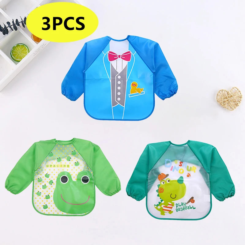 Long Sleeve Baby Bib with Pocket - Cartoon Waterproof Apron for 0-3 Years