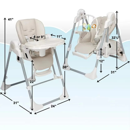 Baby high chair and swing with dimensions on a white background