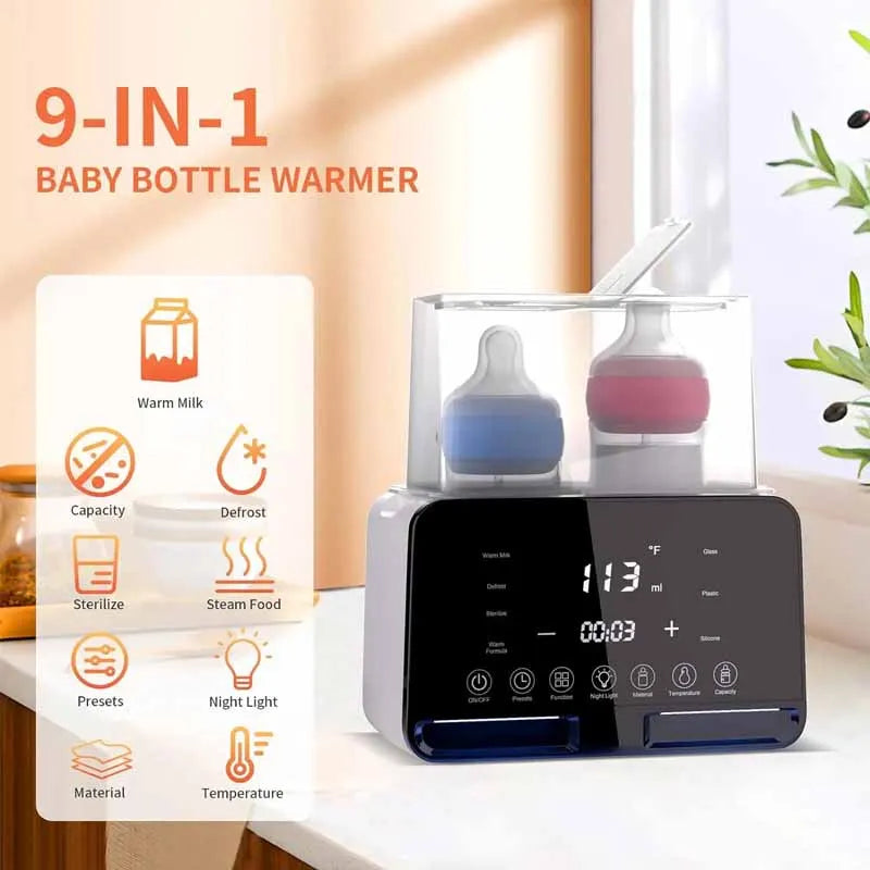 9-in-1 baby bottle warmer with digital display and multiple functions on a blurred background
